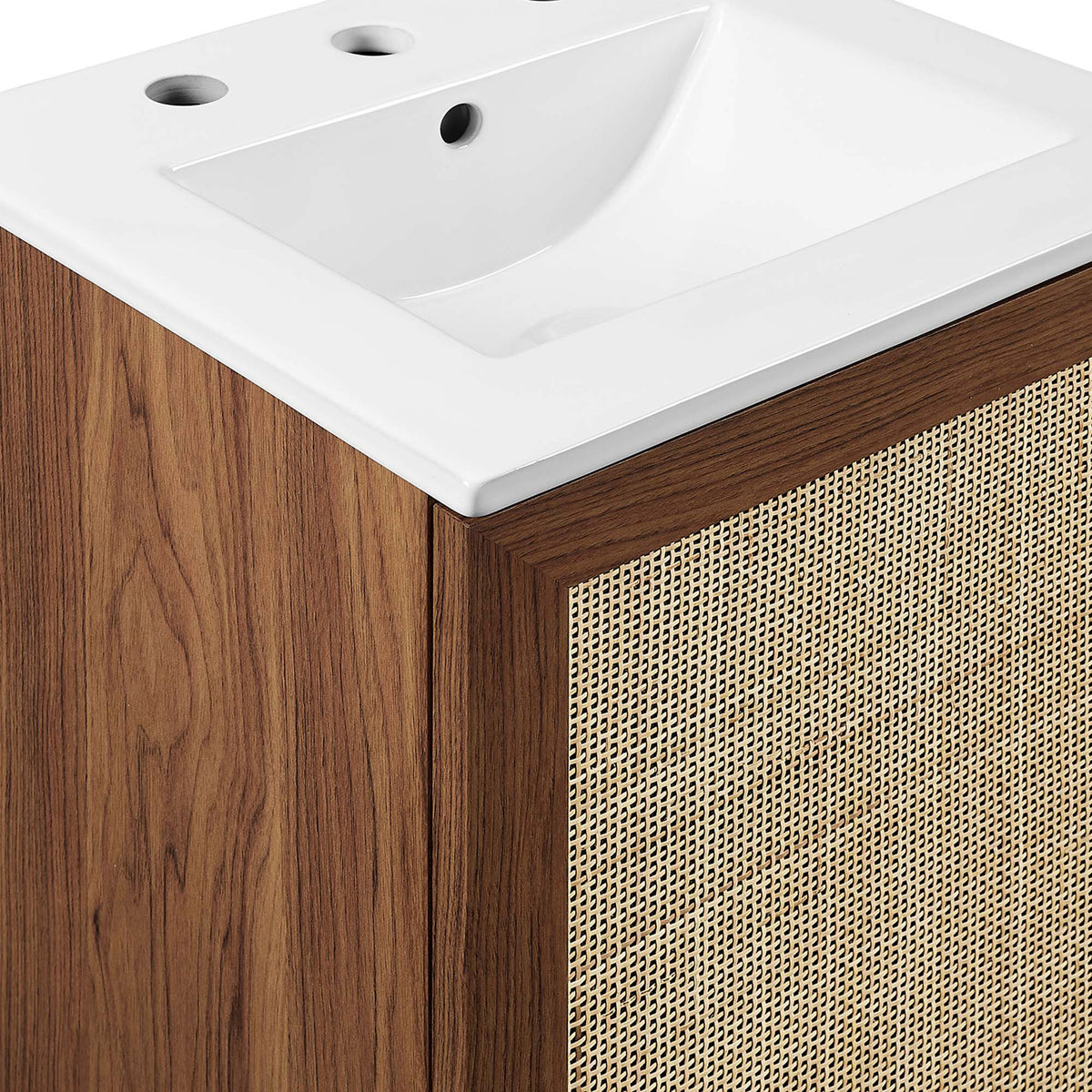 Crisp white ceramic pairs with walnut wood grain and airy rattan weave for organic warmth. || EEI-6711-WAL-WHI || detail_studio