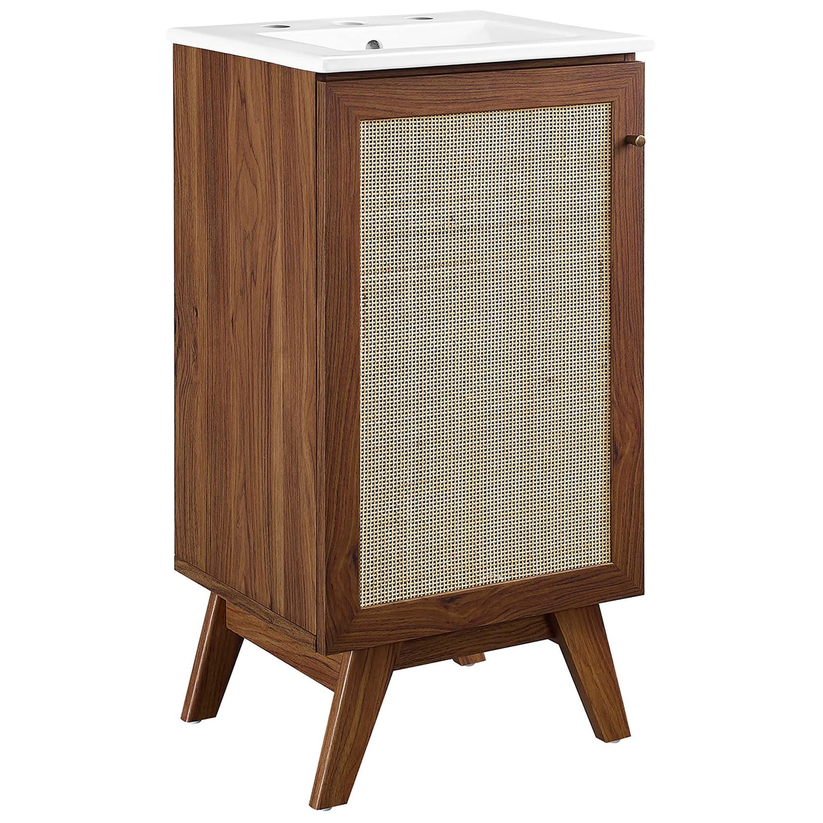 Walnut vanity with rattan door, brushed gold knob, and white ceramic sink for a fresh, organic look. || EEI-6711-WAL-WHI || front_angle_studio