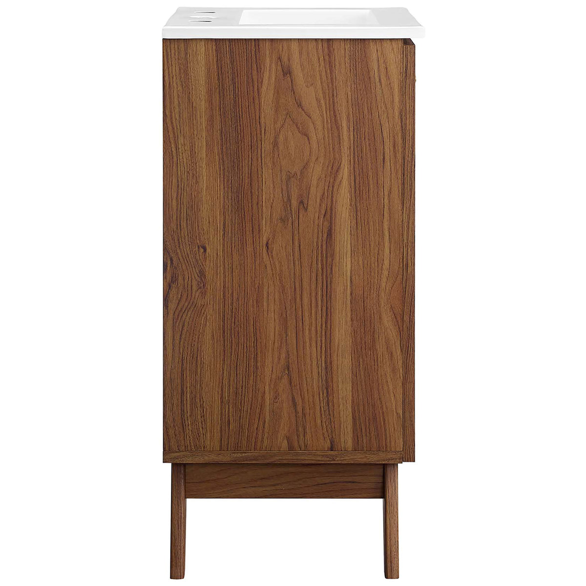 Walnut wood grain cabinet with splayed legs and a crisp white sink adds mid-century charm. || EEI-6711-WAL-WHI || side_studio