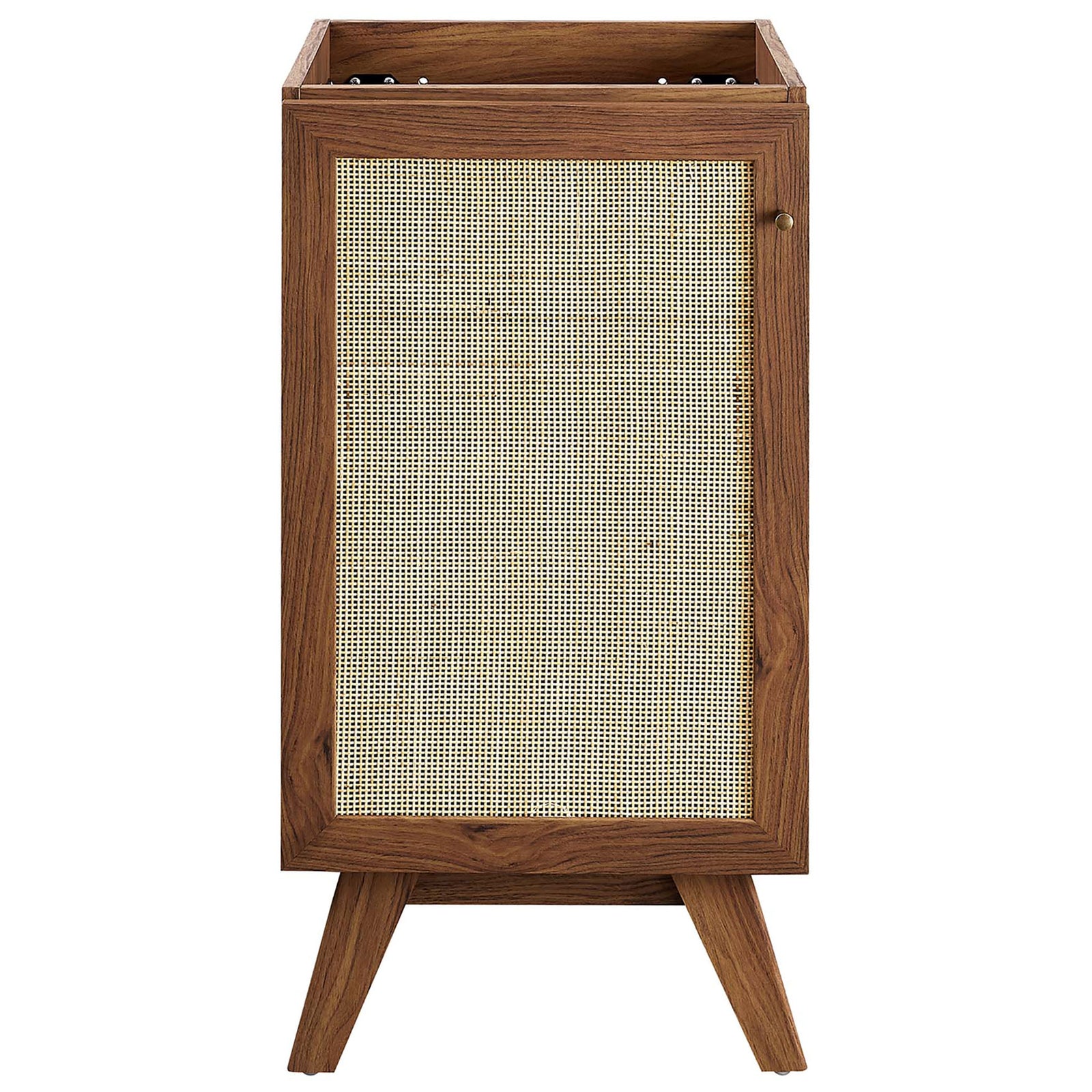 Compact 18-inch cabinet with woven rattan door and soft-close hinges, perfect for small baths. || EEI-6711-WAL-WHI || front_partial_studio