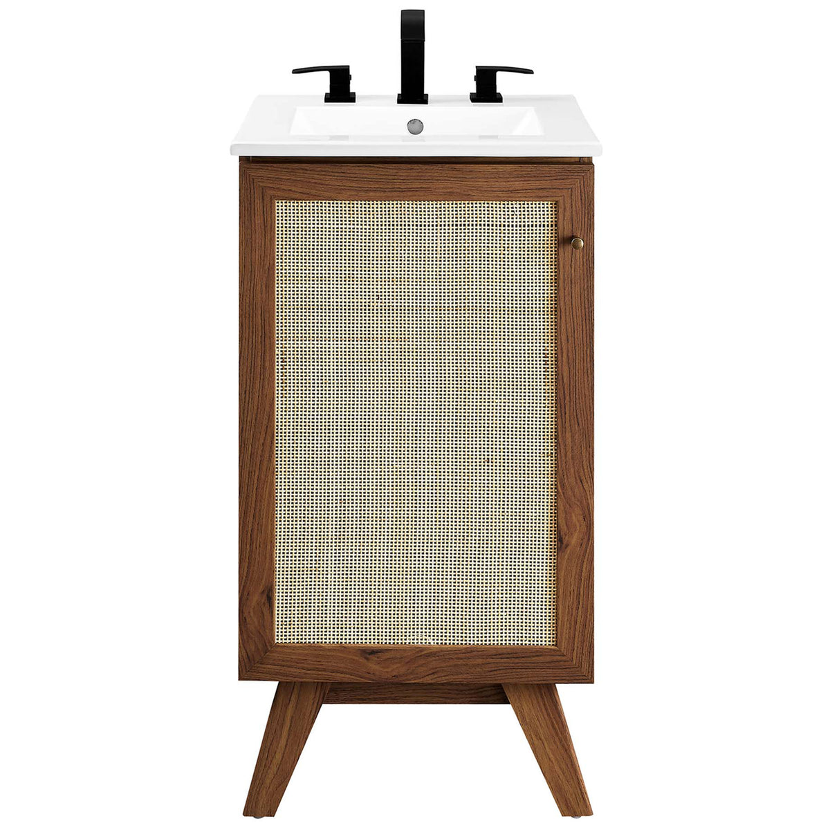 Complete vanity with white ceramic sink and rattan door adds striking contrast with black faucet. || EEI-6711-WAL-WHI || front_studio