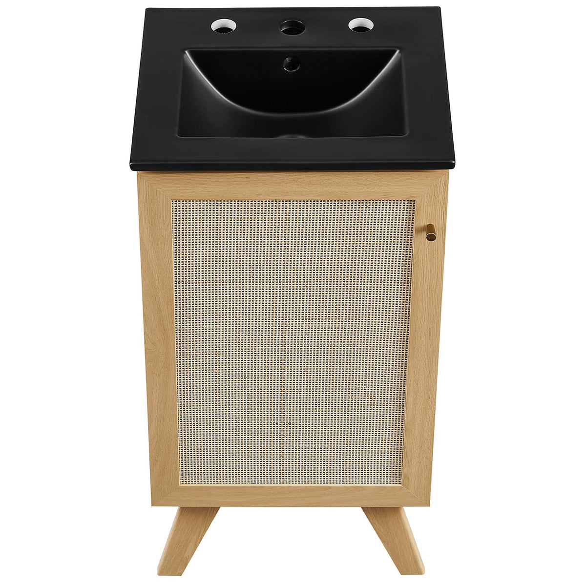 Black basin and oak top create striking contrast on the compact vanity || EEI-6712-OAK-BLK || top_studio