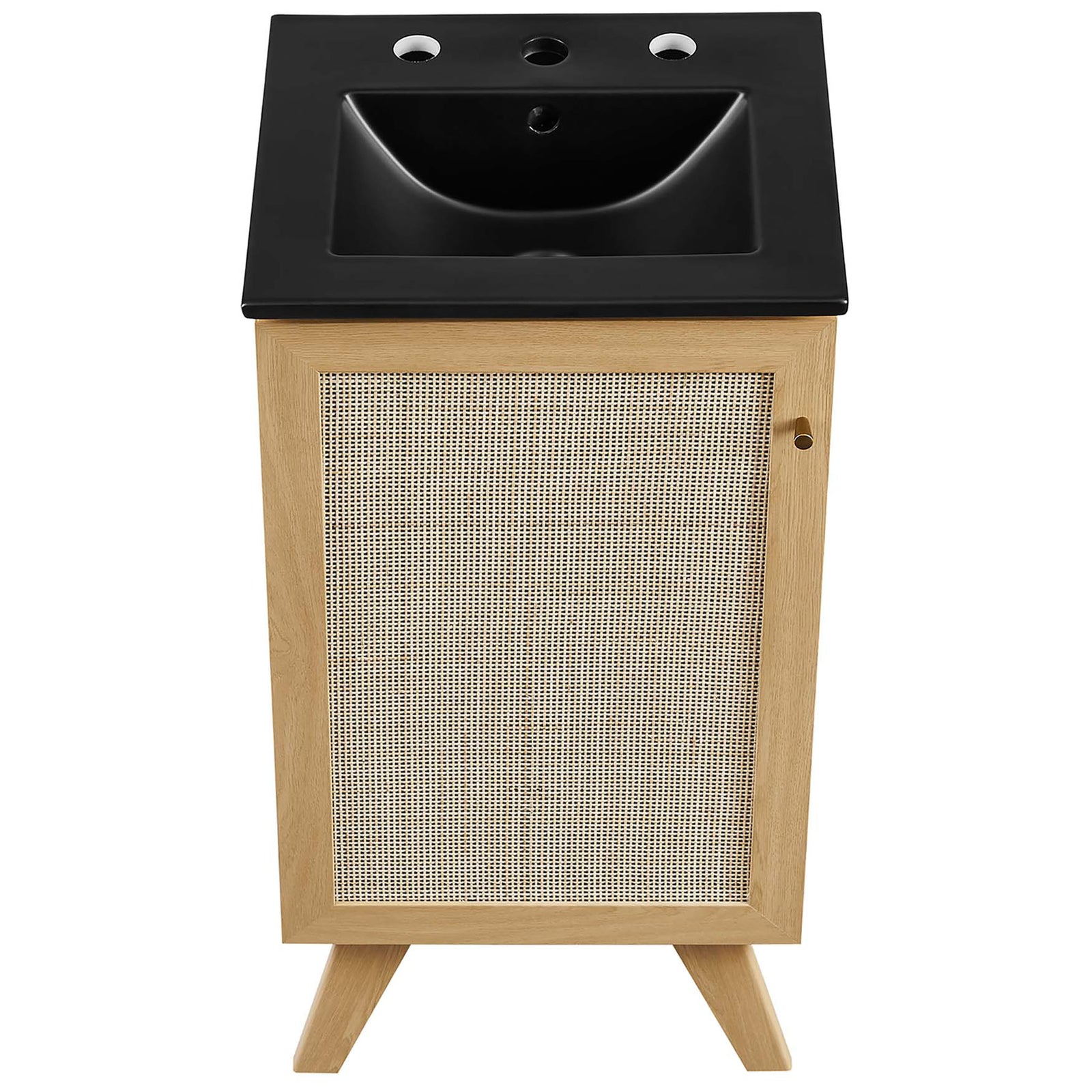 Black basin and oak top create striking contrast on the compact vanity || EEI-6712-OAK-BLK || top_studio