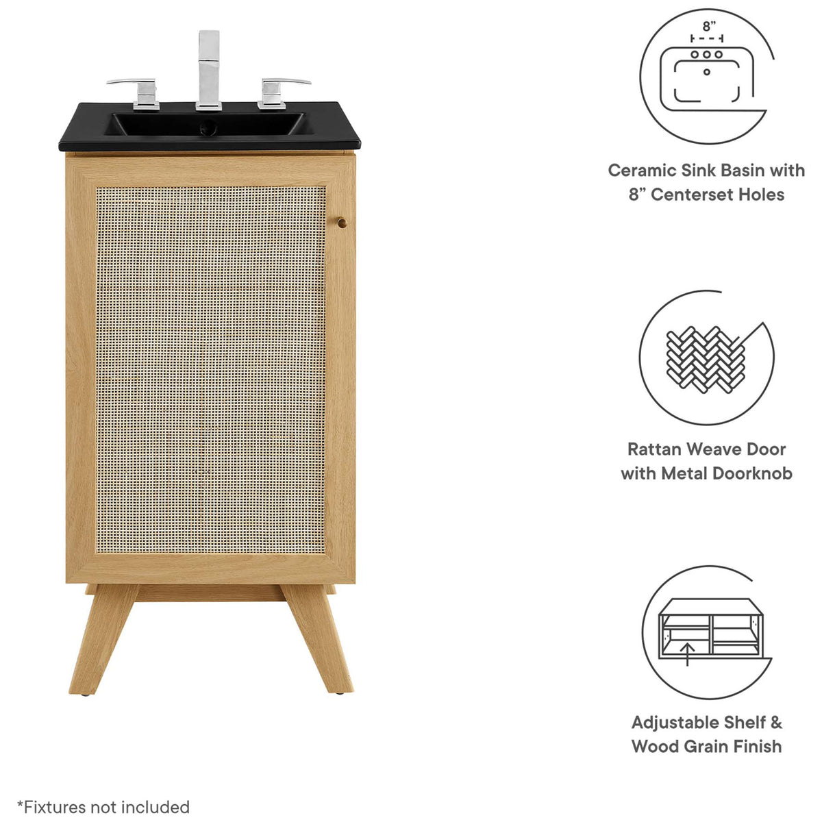 Key features: ceramic sink, rattan door with metal knob, and adjustable shelf || EEI-6712-OAK-BLK || callout_studio