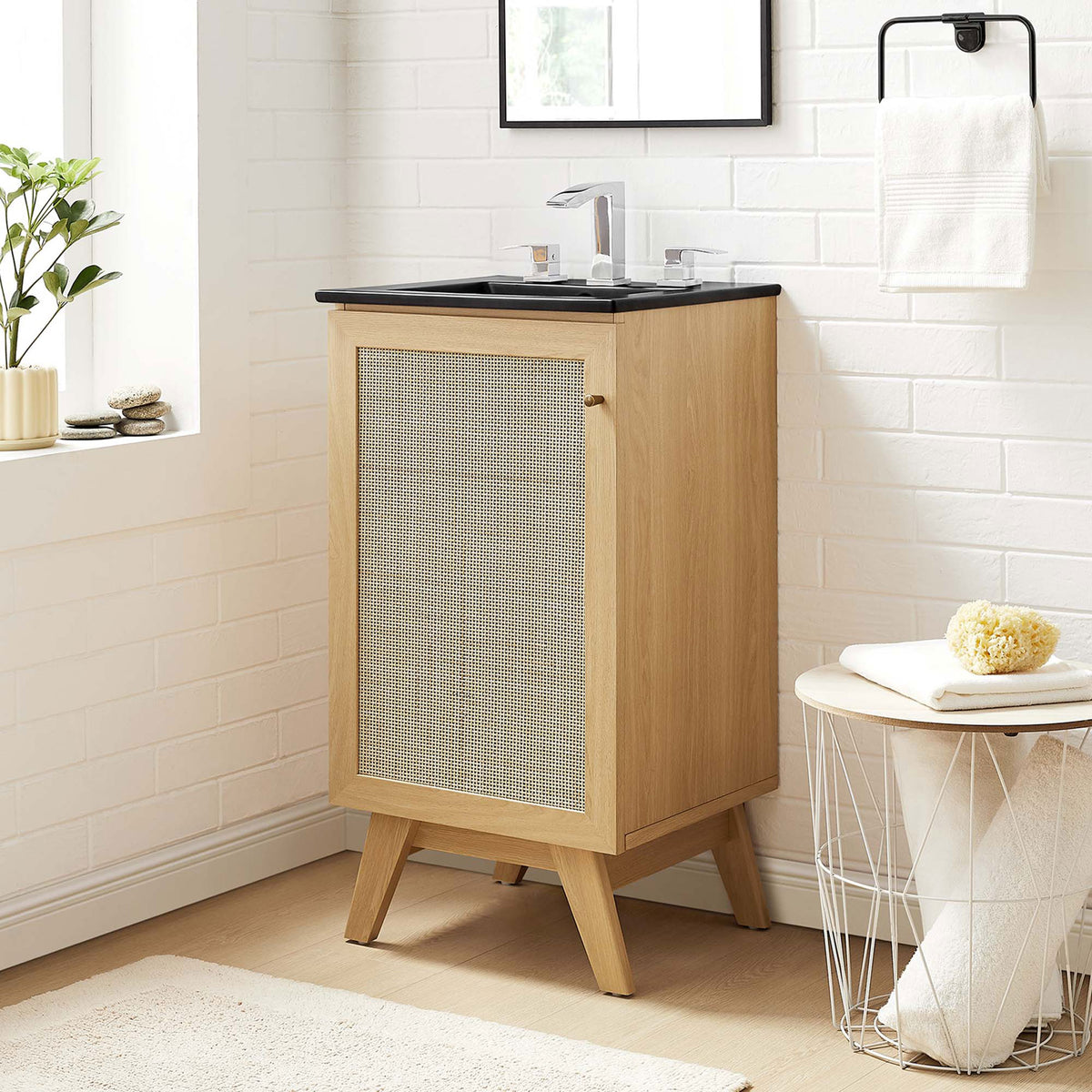 Oak vanity with black sink elevates a light, airy bath setting || EEI-6712-OAK-BLK || front_angle_room