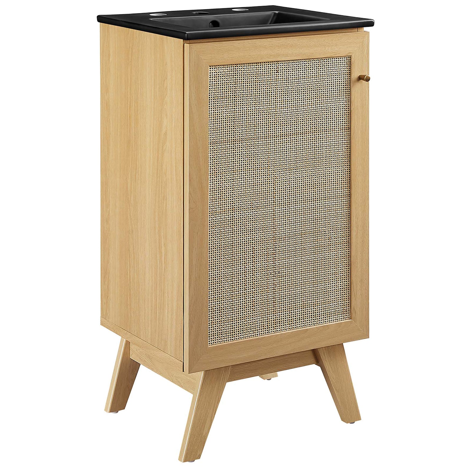 Oak vanity with rattan door and black ceramic sink on splayed legs || EEI-6712-OAK-BLK || front_angle_studio