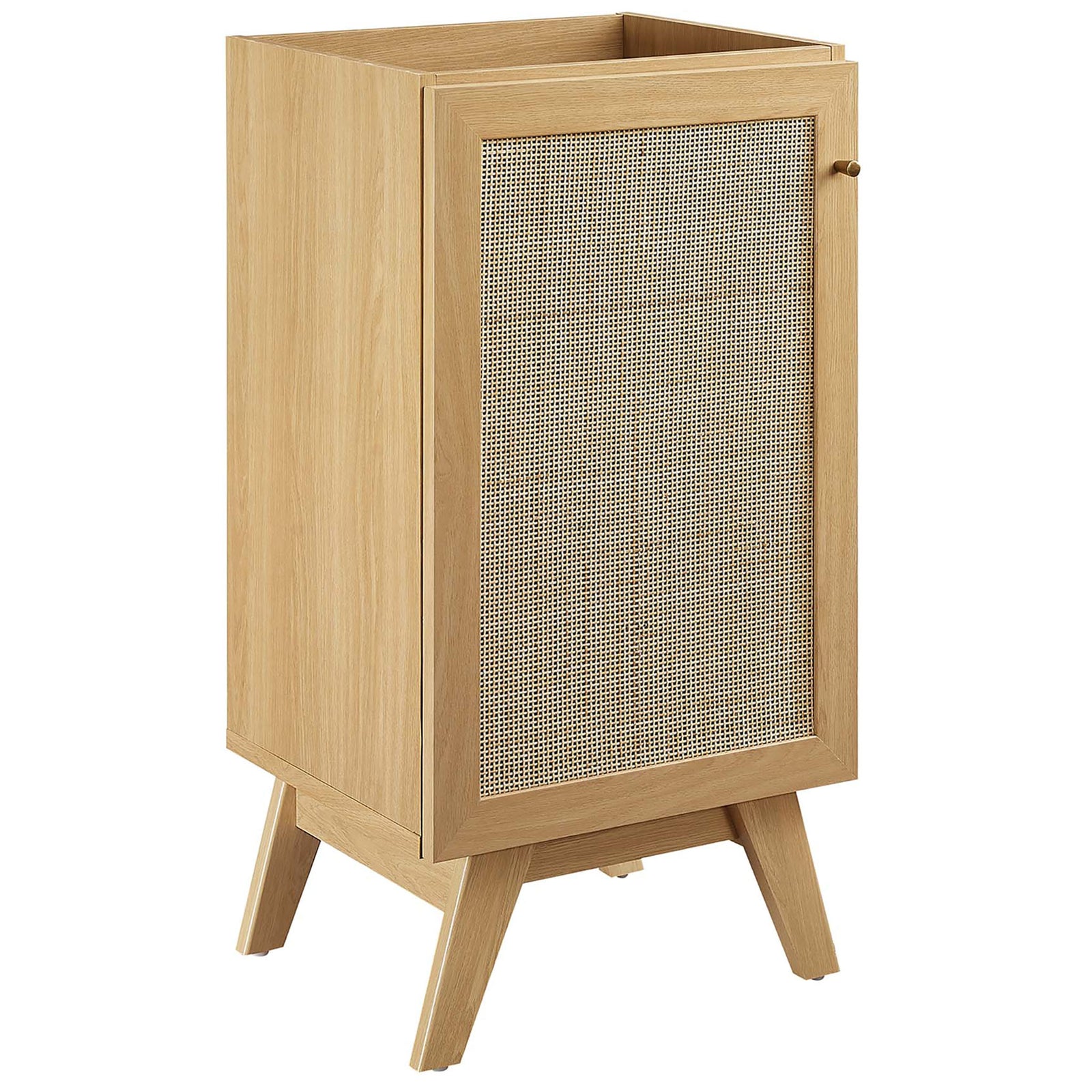 Rattan-front oak cabinet with brushed gold knob and mid-century legs || EEI-6712-OAK-BLK || front_angle_partial_studio