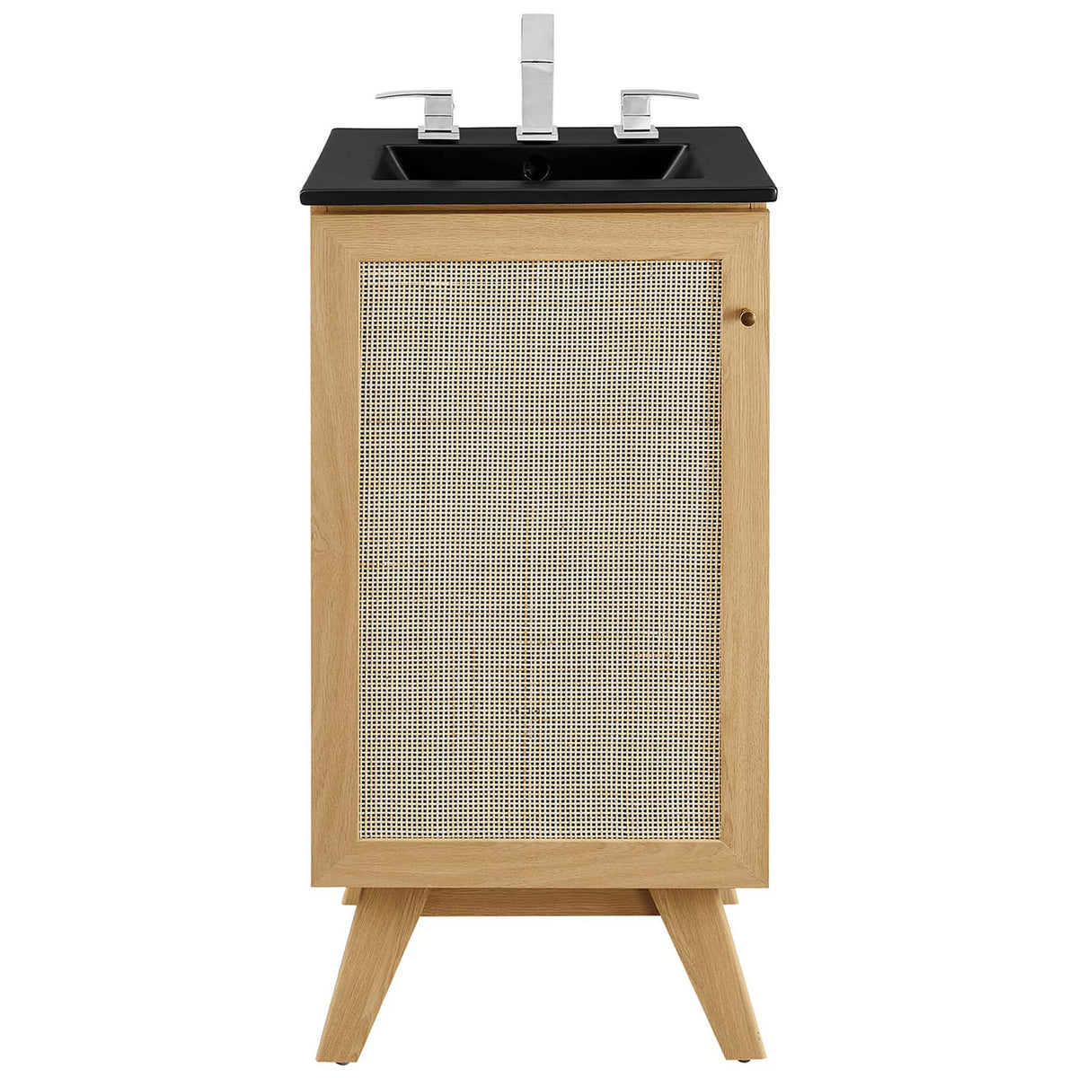 Cane-front oak vanity with black sink delivers crisp, modern contrast || EEI-6712-OAK-BLK || front_studio