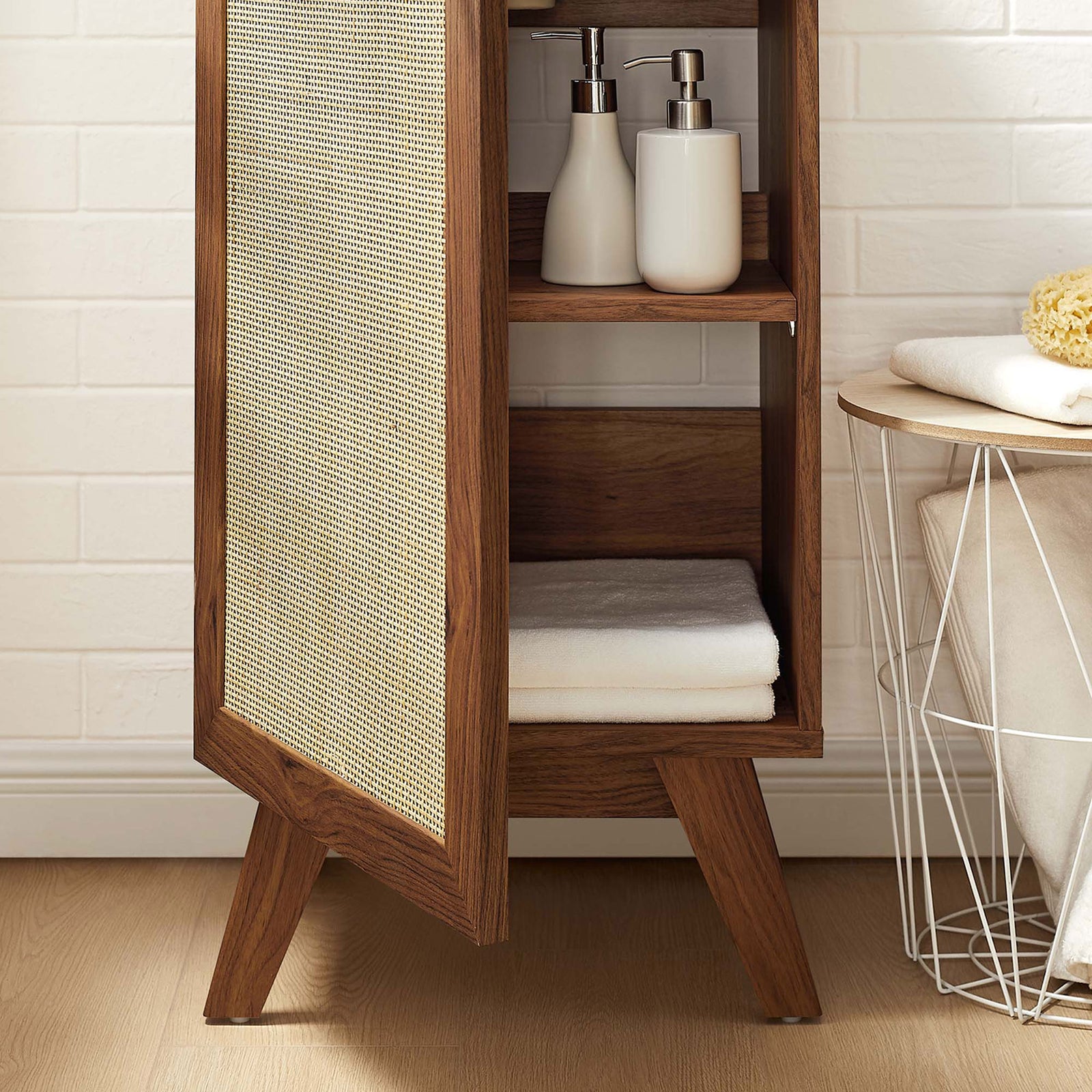Open cabinet reveals an adjustable shelf for towels and toiletries in a warm walnut finish || EEI-6712-WAL-BLK || storage_open_room