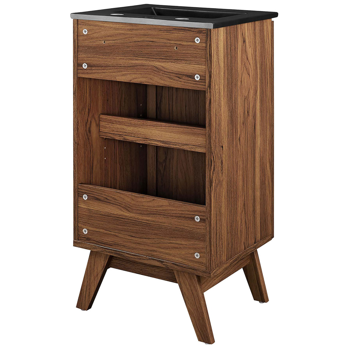 Walnut vanity shows back panel and interior structure beneath a matte black sink || EEI-6712-WAL-BLK || back_angle_studio