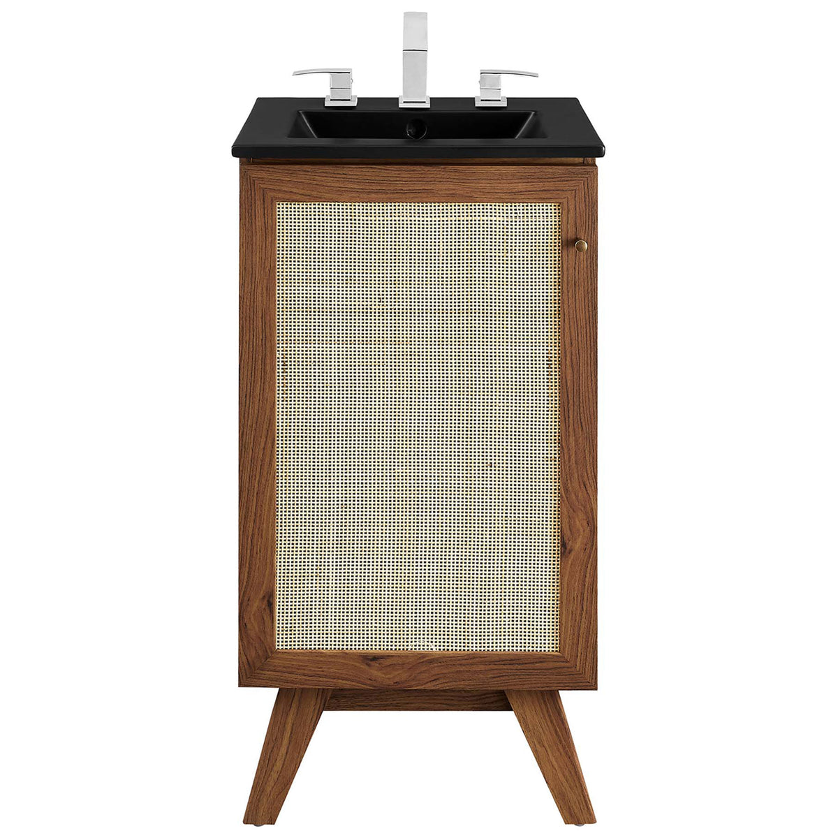 Cane-front walnut vanity topped with a matte black sink for a bold, modern statement || EEI-6712-WAL-BLK || front_studio