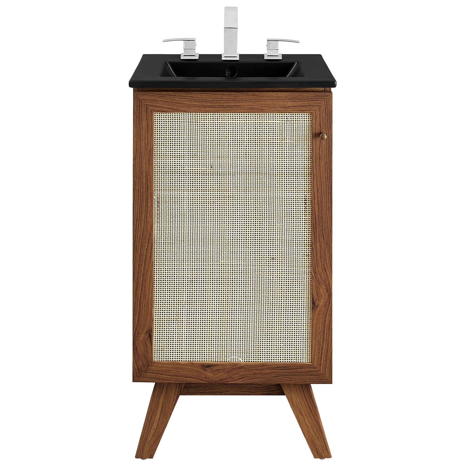 Cane-front walnut vanity topped with a matte black sink for a bold, modern statement || EEI-6712-WAL-BLK || front_studio