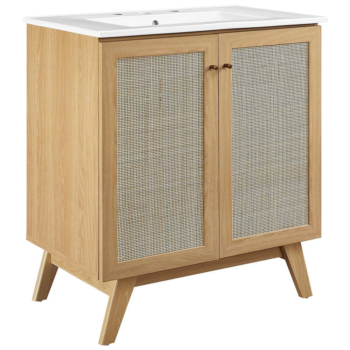 Rattan weave doors pair with a crisp white basin for a fresh, organic vanity look. || EEI-6715-OAK-WHI || front_angle_studio