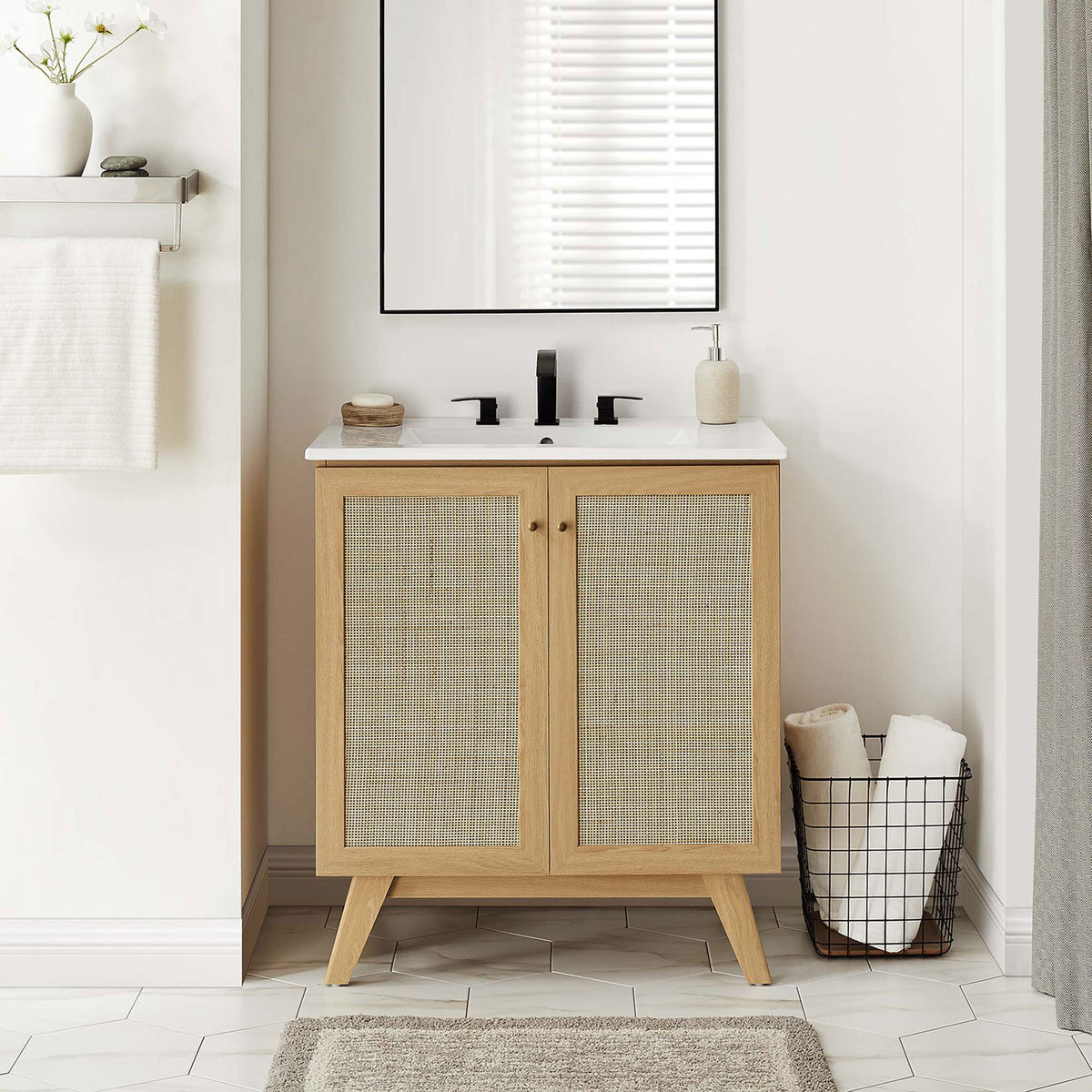 Natural oak and rattan bring coastal warmth to any bath decor. || EEI-6715-OAK-WHI || front_room