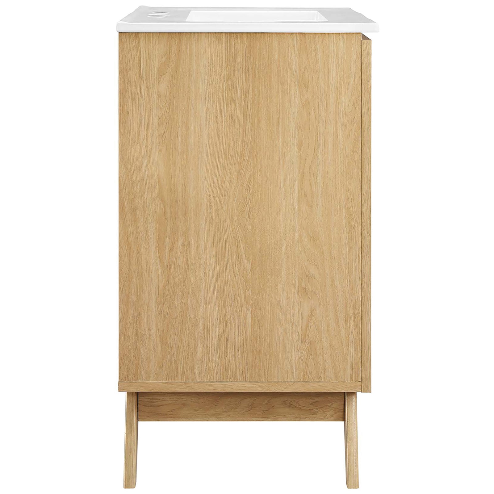 Warm oak wood grain and clean lines showcase mid-century style on this bathroom vanity. || EEI-6715-OAK-WHI || side_studio