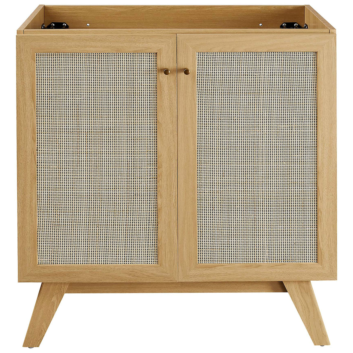 Cane-pattern doors and brushed gold knobs bring texture and warmth to the cabinet. || EEI-6715-OAK-WHI || front_partial_studio