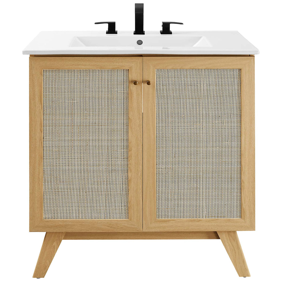 Cane-front doors and a gleaming ceramic sink create a light, airy bathroom centerpiece. || EEI-6715-OAK-WHI || front_studio
