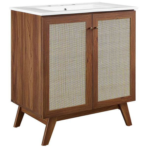 Walnut vanity with rattan doors, white ceramic sink, and mid-century splayed legs || EEI-6715-WAL-WHI || front_angle_studio