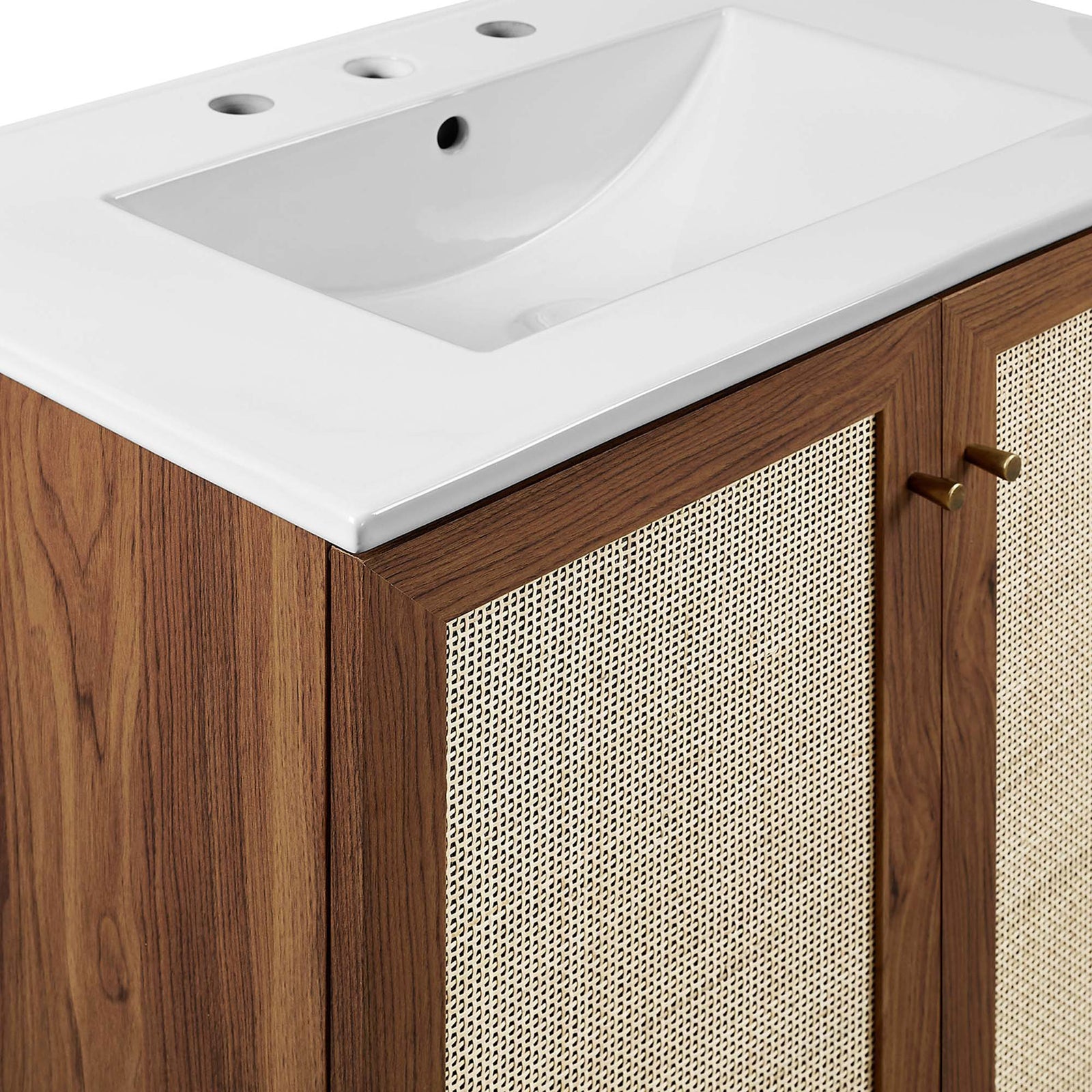 Rattan weave pairs with a crisp ceramic counter for a layered, natural look || EEI-6715-WAL-WHI || detail_studio