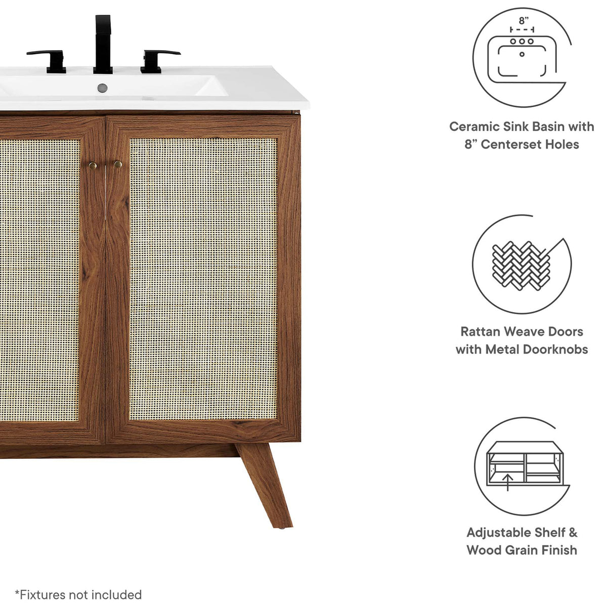 Ceramic sink, rattan doors, and adjustable shelf deliver style and everyday utility || EEI-6715-WAL-WHI || callout_studio