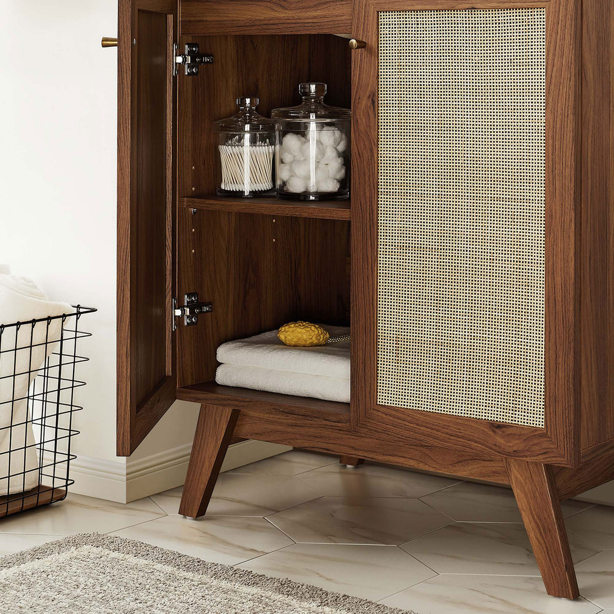 Two-door storage with adjustable shelf keeps towels and toiletries neatly organized || EEI-6715-WAL-WHI || storage_open_room