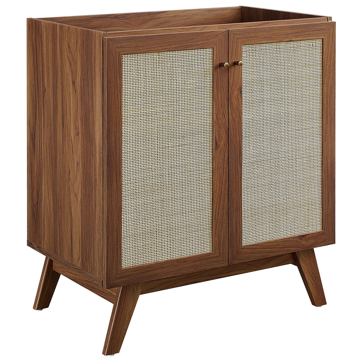 Textured rattan doors and gold knobs stand out on the warm walnut cabinet || EEI-6715-WAL-WHI || front_angle_partial_studio