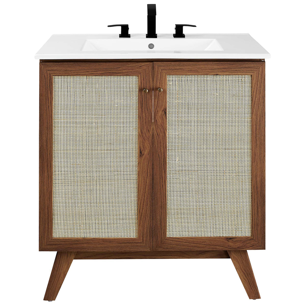 Rattan door fronts and brushed gold knobs pair with a bright white sink for a refined look || EEI-6715-WAL-WHI || front_studio