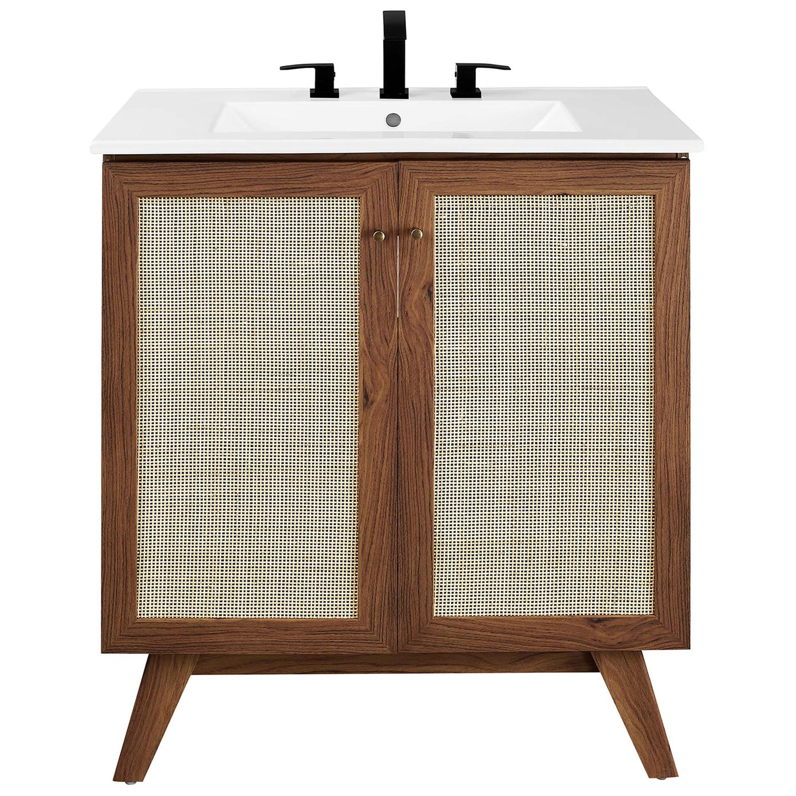 Rattan door fronts and brushed gold knobs pair with a bright white sink for a refined look || EEI-6715-WAL-WHI || front_studio
