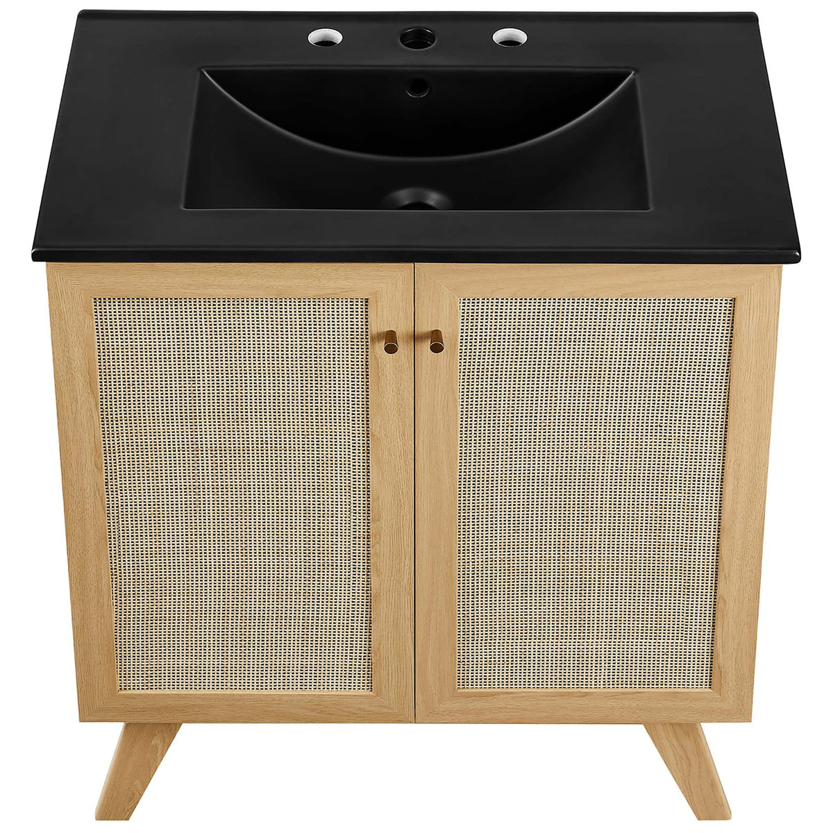 Matte black countertop with integrated rectangular basin and three pre-drilled faucet holes || EEI-6716-OAK-BLK || top_studio