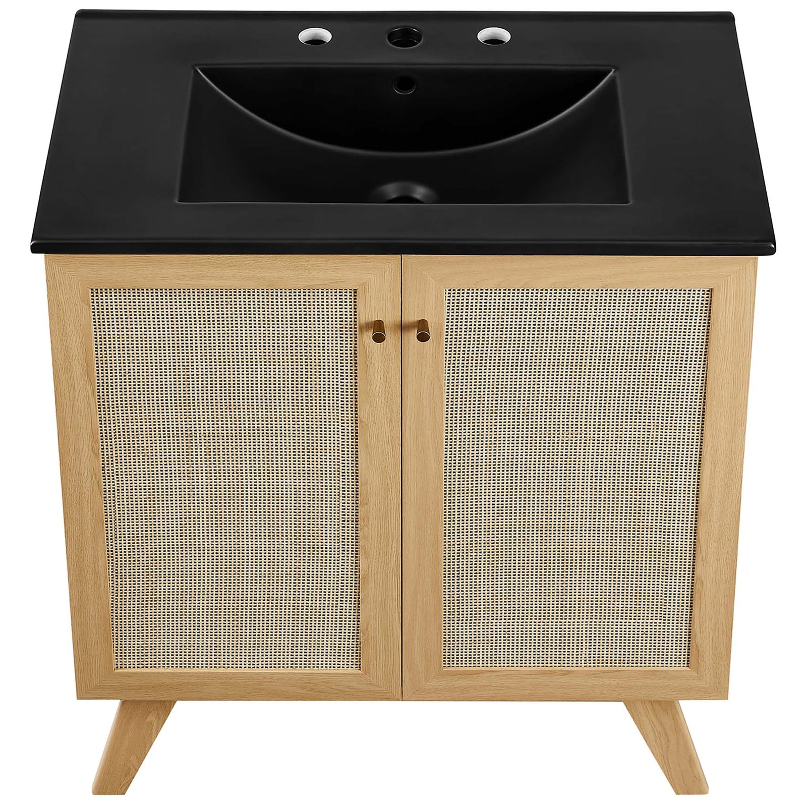 Matte black countertop with integrated rectangular basin and three pre-drilled faucet holes || EEI-6716-OAK-BLK || top_studio