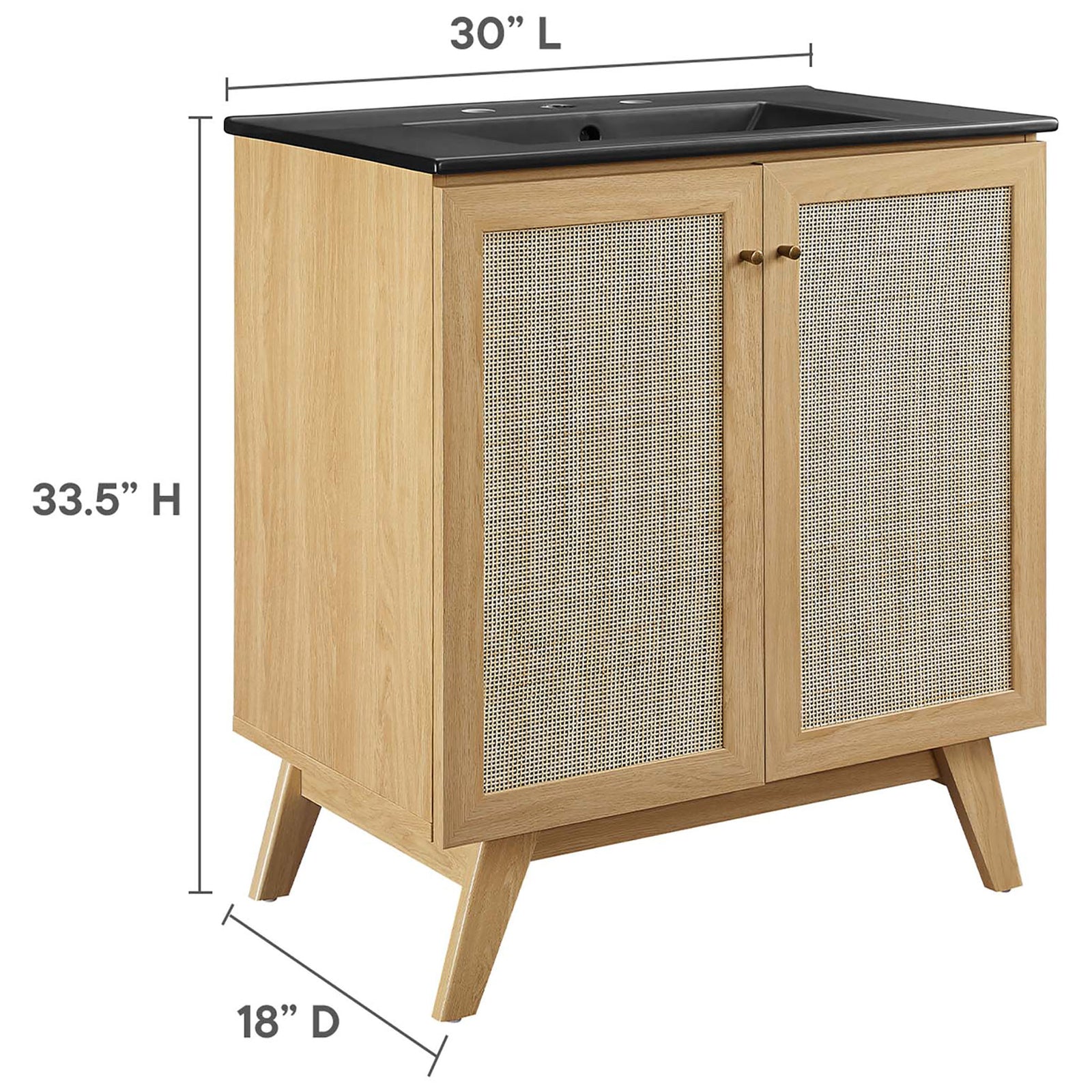 Compact 30-inch vanity offers generous storage with a sleek, space-saving footprint || EEI-6716-OAK-BLK || dimension_studio
