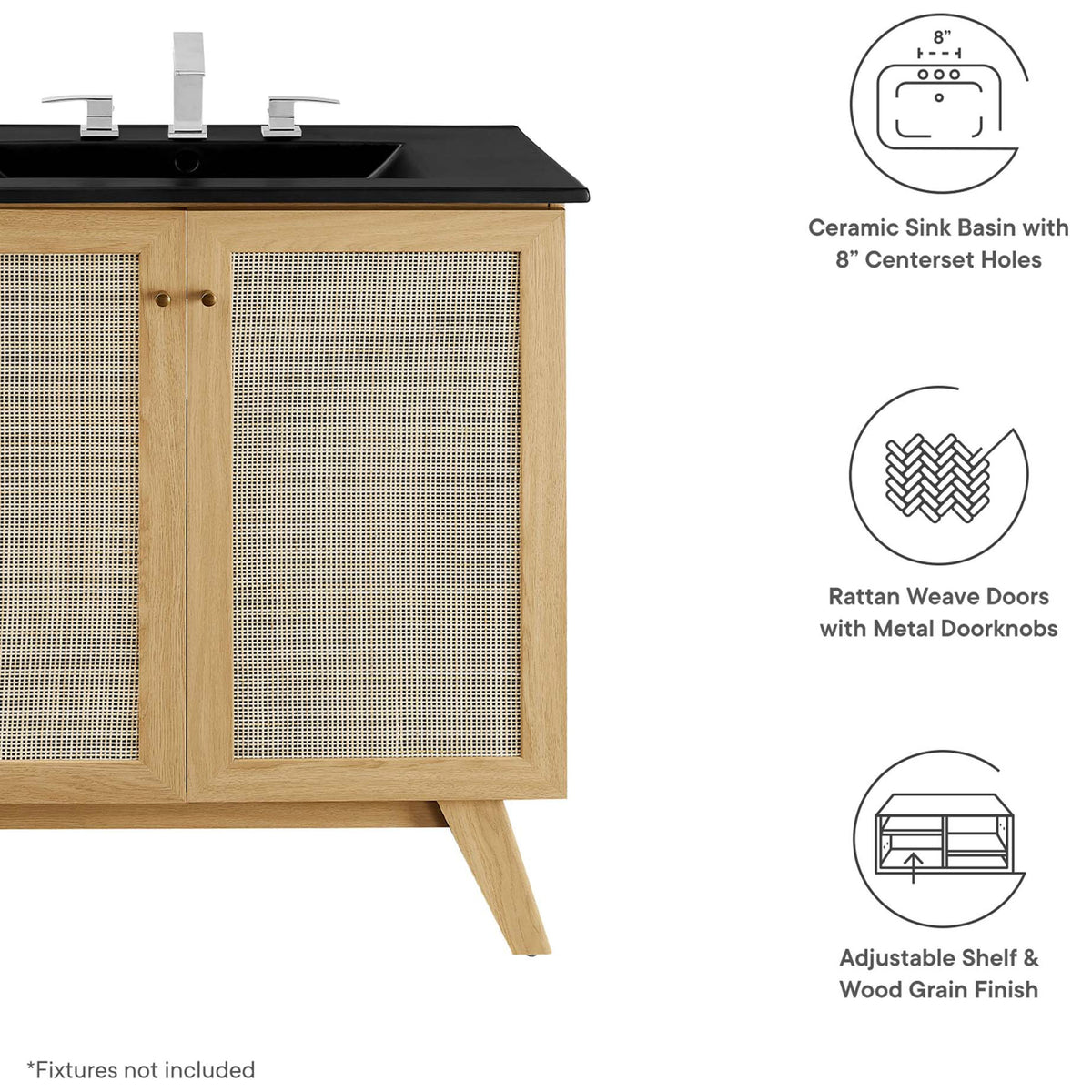 Thoughtful details: rattan weave doors, soft-close hinges, and a matte black sink top || EEI-6716-OAK-BLK || callout_studio
