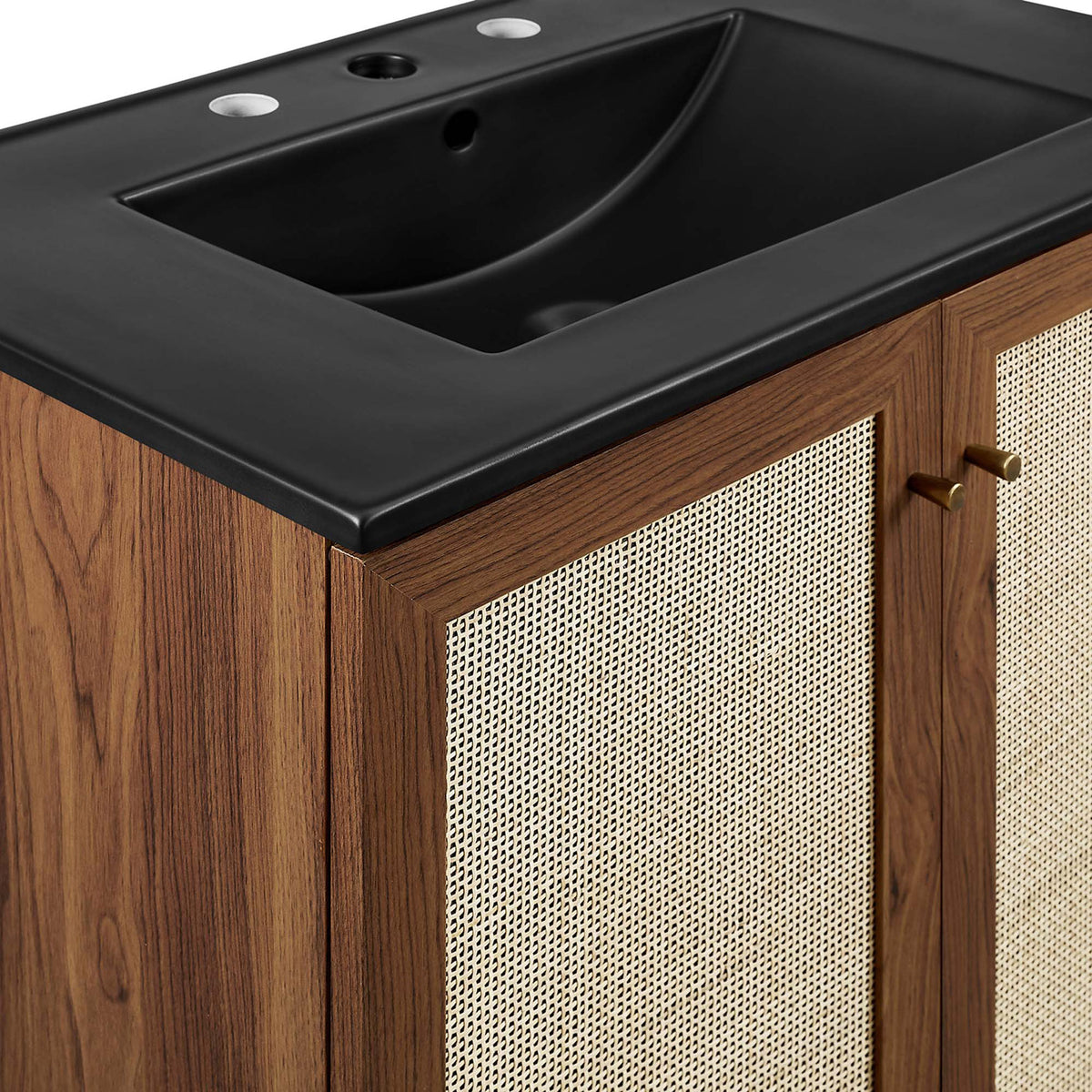 Textured cane panels meet a sculpted black sink top for a refined natural-meets-modern look. || EEI-6716-WAL-BLK || detail_studio