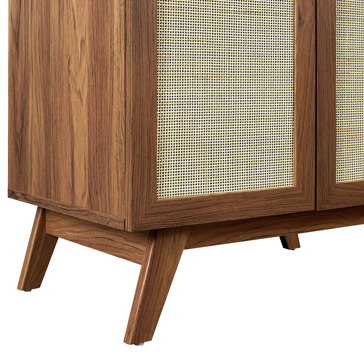 Angled legs with wood grain finish and protective caps add stable mid-century character. || EEI-6716-WAL-BLK || leg_studio