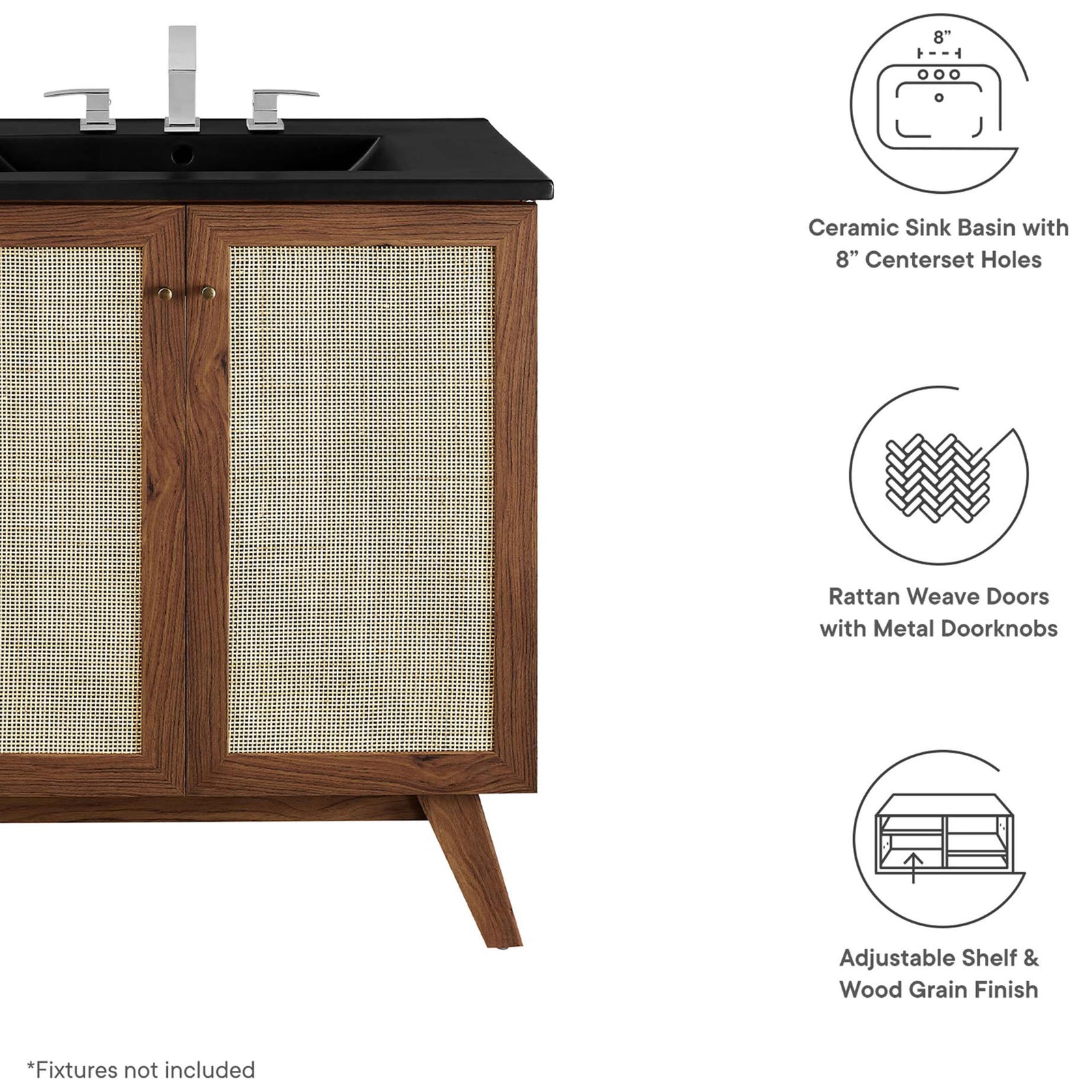 Rattan doors, gold knobs, and a ceramic basin with 8-inch widespread holes elevate the design. || EEI-6716-WAL-BLK || callout_studio