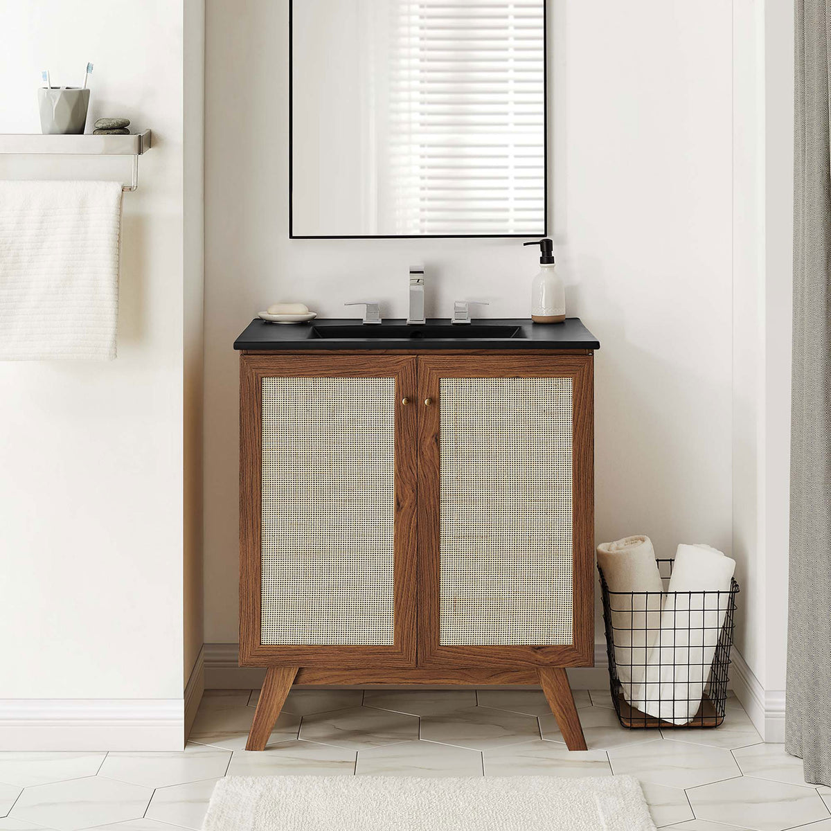 Walnut and black vanity brings warm texture and modern contrast to a bright bathroom. || EEI-6716-WAL-BLK || front_room