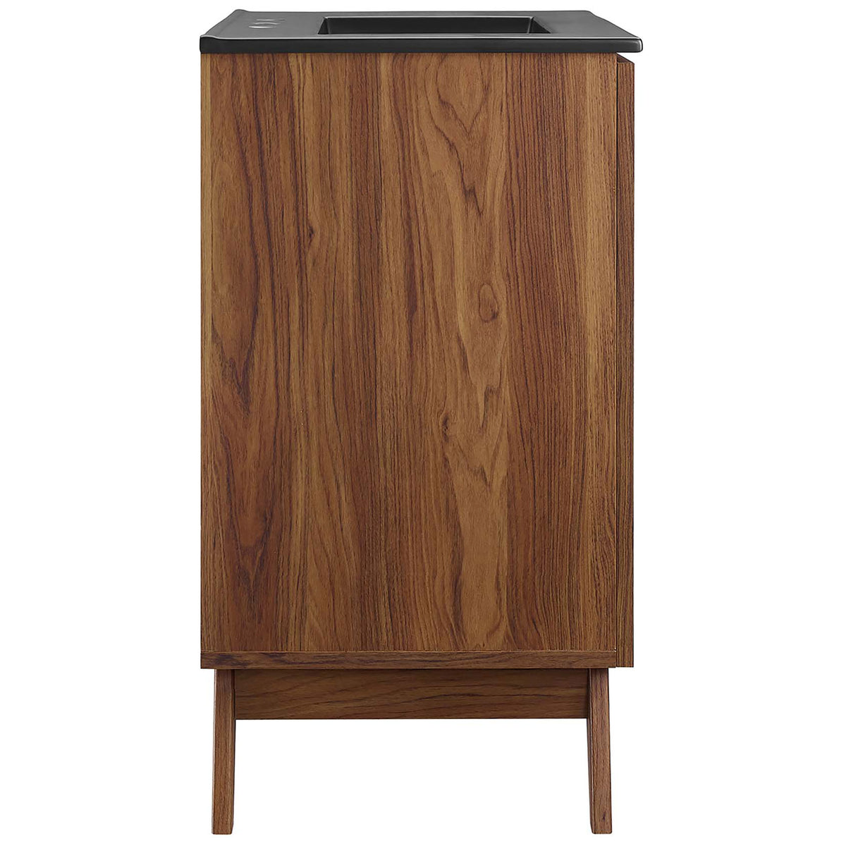 Rich wood grain sides and clean lines give this vanity a sleek, space-saving profile. || EEI-6716-WAL-BLK || side_studio