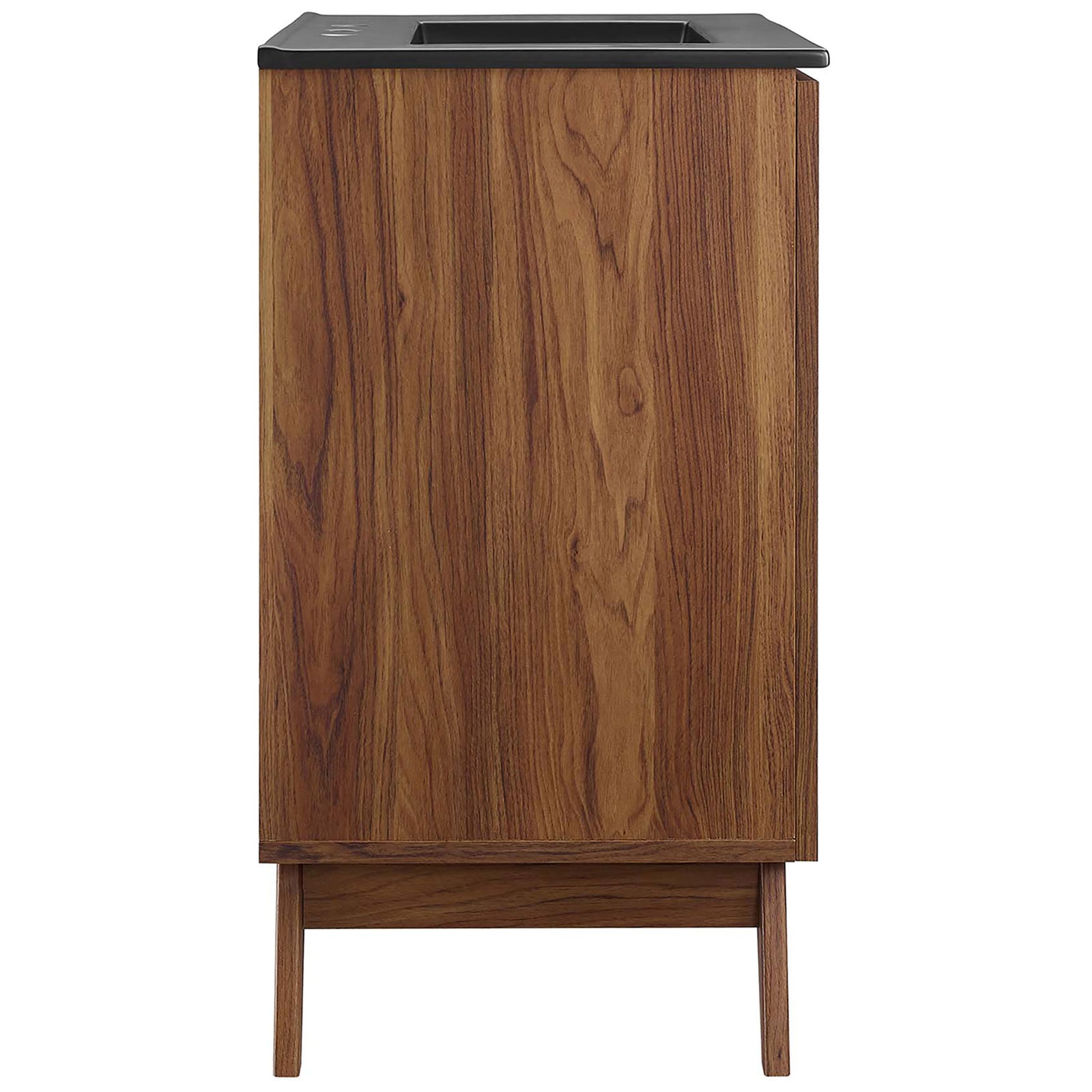 Rich wood grain sides and clean lines give this vanity a sleek, space-saving profile. || EEI-6716-WAL-BLK || side_studio