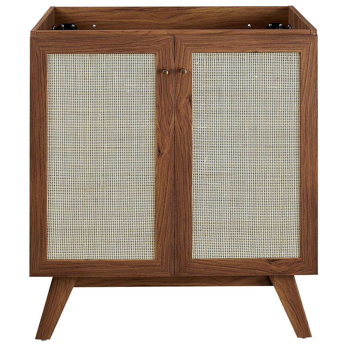 Double-door cabinet with cane panels and gold knobs offers airy texture and warm tone. || EEI-6716-WAL-BLK || front_partial_studio