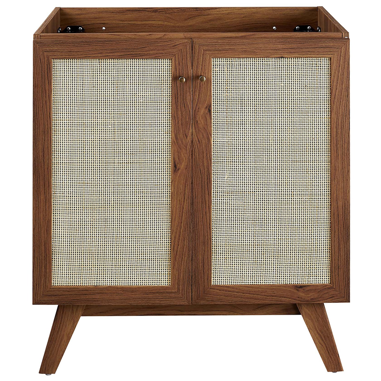 Double-door cabinet with cane panels and gold knobs offers airy texture and warm tone. || EEI-6716-WAL-BLK || front_partial_studio
