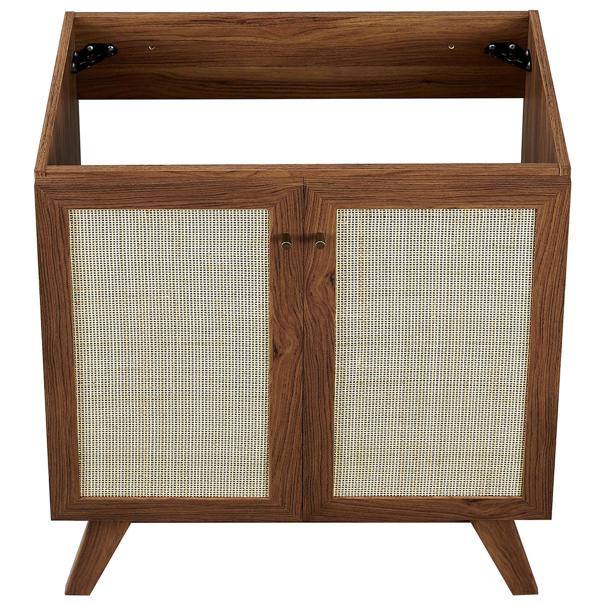 Open cabinet frame with interior shelf provides flexible storage for bath essentials. || EEI-6716-WAL-BLK || top_partial_studio
