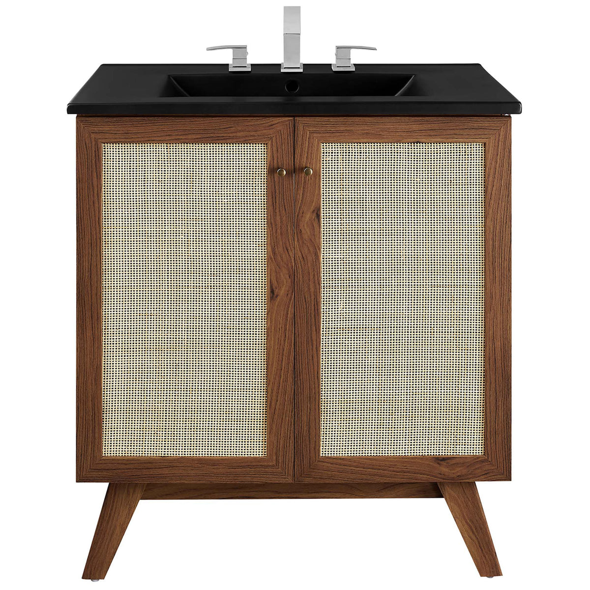 Complete vanity pairs a black sink top with rattan doors and elegant gold hardware. || EEI-6716-WAL-BLK || front_studio