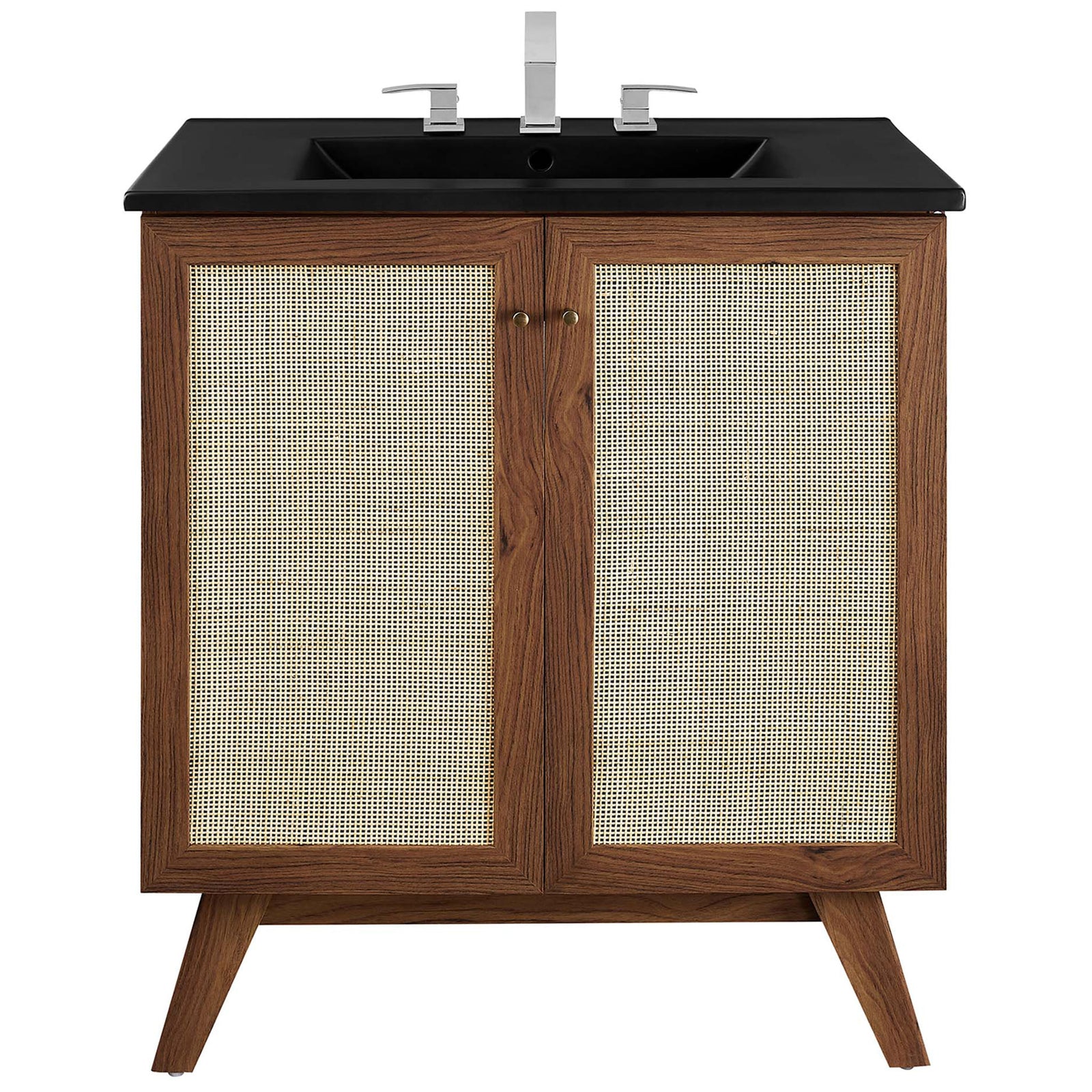 Complete vanity pairs a black sink top with rattan doors and elegant gold hardware. || EEI-6716-WAL-BLK || front_studio