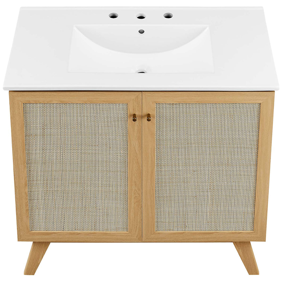 Integrated ceramic top with a roomy, gently curved sink and widespread drilling. || EEI-6717-OAK-WHI || top_studio