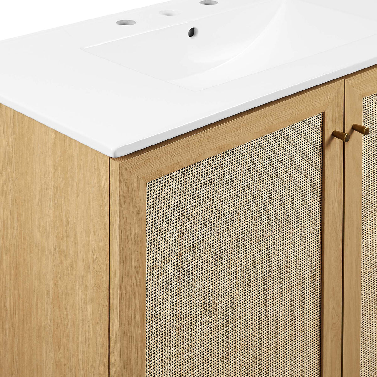 Smooth ceramic rim meets woven cane for a refined material contrast. || EEI-6717-OAK-WHI || detail_studio
