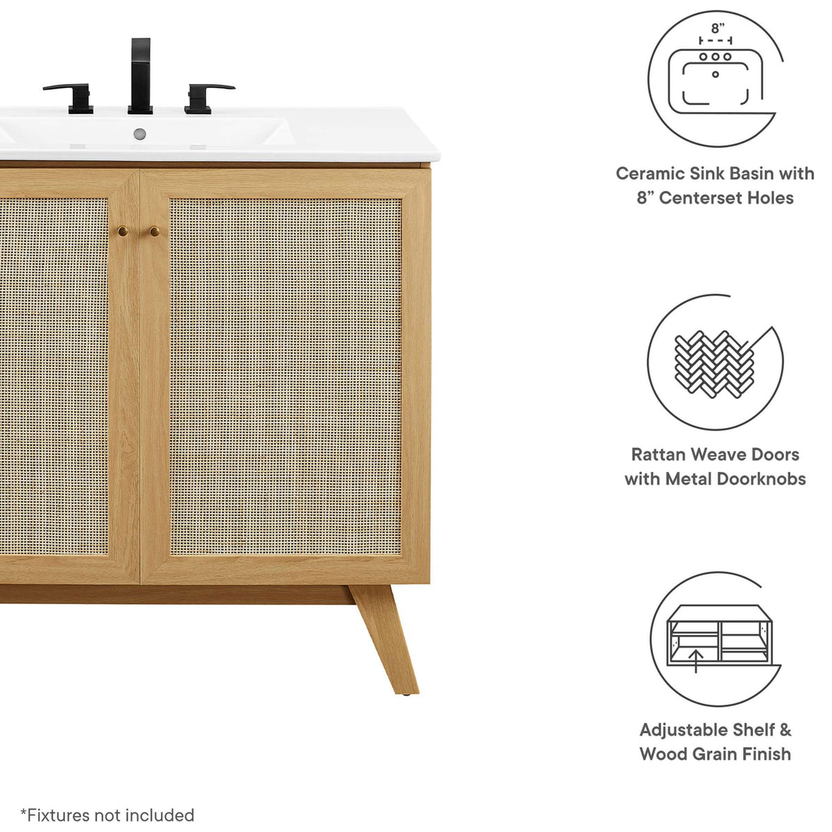 Widespread-ready sink, rattan doors, and adjustable shelf highlight utility and style. || EEI-6717-OAK-WHI || callout_studio