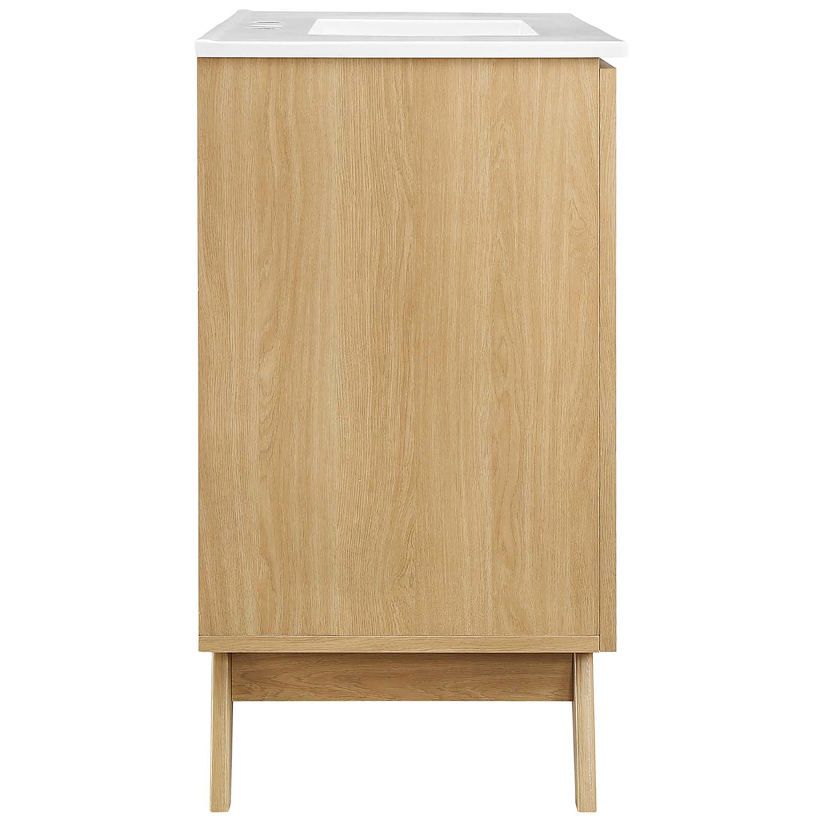 Streamlined silhouette and oak grain finish lend mid-century charm to the vanity. || EEI-6717-OAK-WHI || side_studio