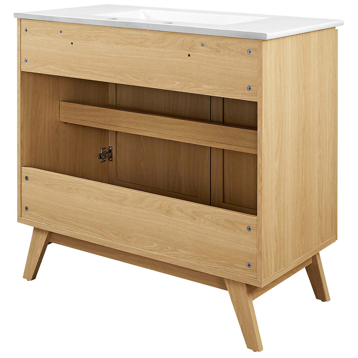 Accessible plumbing cutouts and sturdy splayed legs support effortless setup. || EEI-6717-OAK-WHI || back_angle_studio