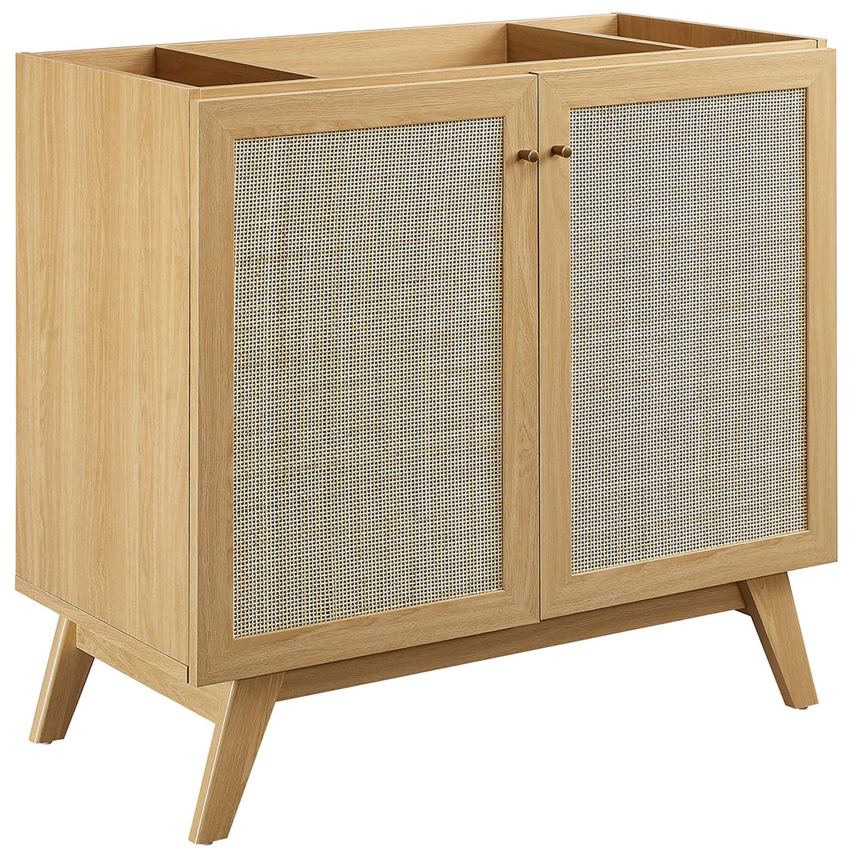 Airy rattan doors and tapered legs showcase clean, modern lines. || EEI-6717-OAK-WHI || front_angle_partial_studio