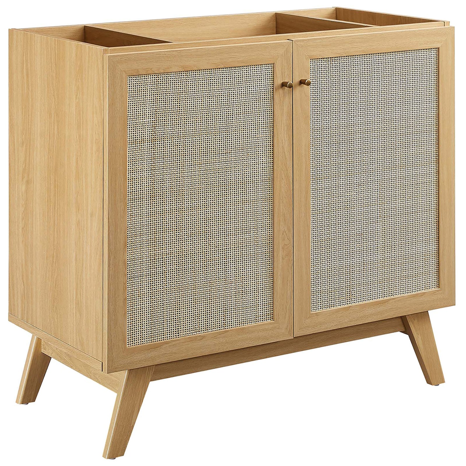 Airy rattan doors and tapered legs showcase clean, modern lines. || EEI-6717-OAK-WHI || front_angle_partial_studio